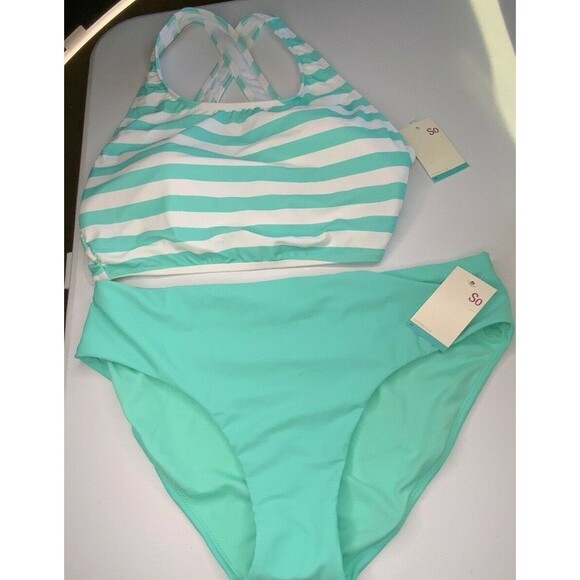 SO Bikini Bathing Suit Swimwear Mint Green White Stripe JR's Plus Size 0X NEW - Picture 1 of 7